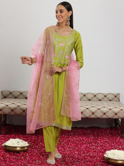 Gerua By Libas - Green Embroidered Yoke Design Straight Kurta With Pant & Dupatta
