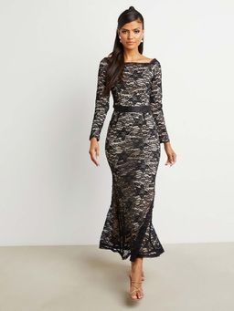 Styli - Black Boat Neck Lace Overlay Bodycon Maxi Dress