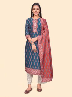 Vbuyz - Women Print & Sequence Straight Musline Blue Stitched Kurta with Dupatta (Set of 2)