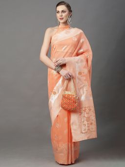 Akhilam - Womens Cotton Silk Peach Woven Design Saree with Unstitched Blouse