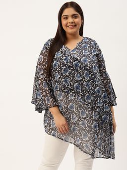 theRebelinme - Womens Blue andOff White Floral Print Longline Asymmetric Georgette Top