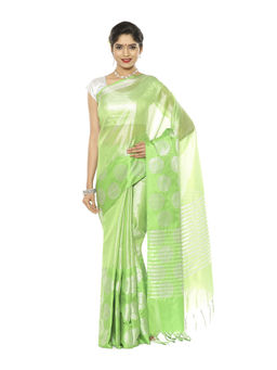 Banarasi Silk Works - Green Zari Kanchi Silk Tanchoi Meena Saree with Unstitched Blouse