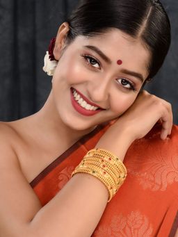 Saraf RS Jewellery - Set of 6 24-Ct Gold Plated Red Stone Studded Handcrafted Bangles