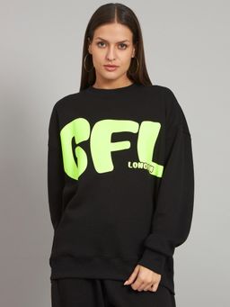 Griffel - Women's Black GFL Oversized Round Neck 100% Cotton Fleece Sweatshirt