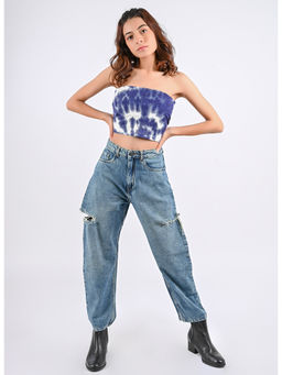 FREAKINS - Dark Blue Side Slit Loose Barrel Jeans