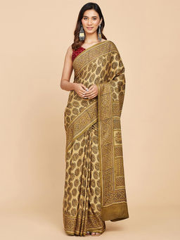 Fabindia - Mustard Silk Printed Saree Without Blouse