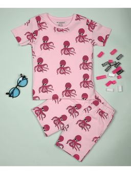 Be Awara - Half Sleeves Cotton T-shirt & Shorts Octopus Print Pink (Set of 2)