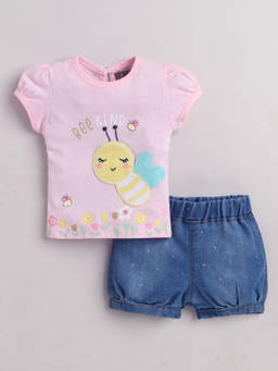 Little Kangaroos - Girls Pink Printed Cotton Blend Top with Short