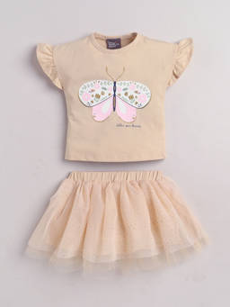 Little Kangaroos - Girls Beige Printed Cotton Blend Top with Skirt