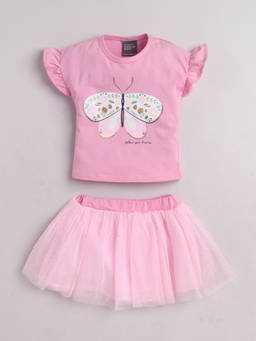 Little Kangaroos - Girls Pink Solid/Plain Cotton Blend Top with Skirt