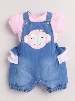 Little Kangaroos - Girls Blue Animal Print Cotton Blend Dungaree with Top