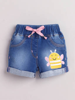Little Kangaroos - Girls Blue Embroidered Cotton Blend Shorts