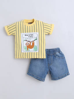 Little Kangaroos - Boys Yellow Stripes Cotton Blend T-Shirt with Short