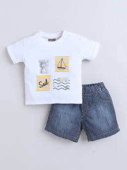 Little Kangaroos - Boys White Printed Cotton Blend T-Shirt with Short
