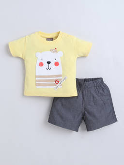 Little Kangaroos - Boys Yellow Embroidered Cotton Blend T-Shirt with Short