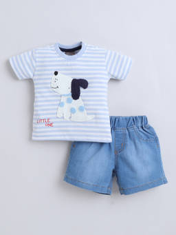Little Kangaroos - Boys Blue Stripes Cotton Blend T-Shirt with Short