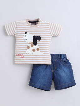 Little Kangaroos - Boys Beige Stripes Cotton Blend T-Shirt with Short
