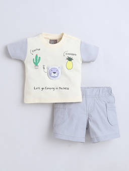 Little Kangaroos - Boys Beige Printed Cotton Blend T-Shirt with Short