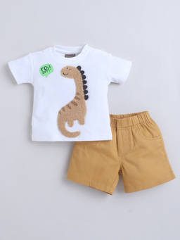 Little Kangaroos - Boys White Printed Cotton Blend T-Shirt with Short