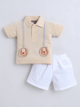 Little Kangaroos - Boys Beige Embroidered Cotton Blend Polo T-Shirt with Short