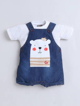 Little Kangaroos - Boys Blue Stripes Cotton Blend Dungaree with Top