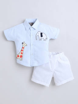 Little Kangaroos - Boys Blue Embroidered Cotton Blend Shirt with Short