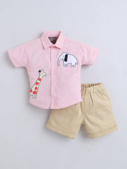 Little Kangaroos - Boys Red Embroidered Cotton Blend Shirt with Short