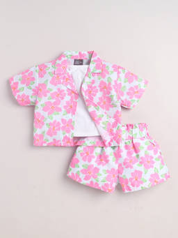Little Kangaroos - Girls Pink Floral Cotton Blend Shirt and Short with Camisole