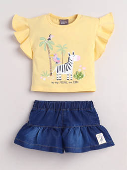 Little Kangaroos - Girls Yellow Printed Cotton Blend Top with Short