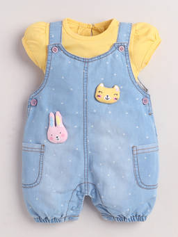 Little Kangaroos - Girls Blue Embroidered Cotton Blend Dungaree with Top