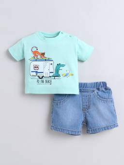 Little Kangaroos - Boys Green Printed Cotton Blend T-Shirt with Short