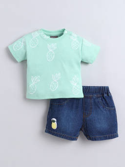 Little Kangaroos - Boys Green Printed Cotton Blend T-Shirt with Short
