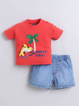 Little Kangaroos - Boys Coral Solid/Plain Cotton Blend T-Shirt with Short
