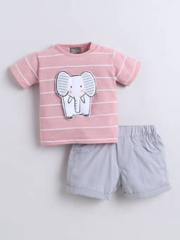 Little Kangaroos - Boys Pink Stripes Cotton Blend T-Shirt with Short