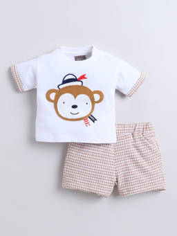 Little Kangaroos - Boys White Embroidered Cotton Blend T-Shirt with Short