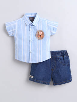 Little Kangaroos - Boys Blue Stripes Cotton Blend Shirt with Short