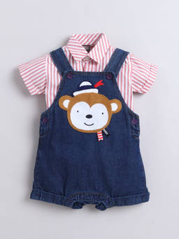 Little Kangaroos - Boys Blue Stripes Cotton Blend Dungaree with Top
