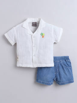 Little Kangaroos - Boys White Textured Cotton Blend Shirt with Short