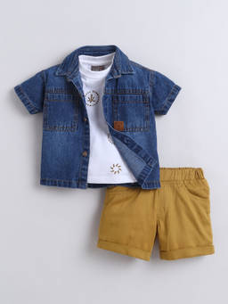 Little Kangaroos - Boys Navy Blue Solid/Plain Cotton Blend Shirt and T-Shirt with Shorts