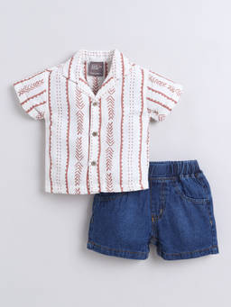 Little Kangaroos - Boys Brown Stripes Cotton Blend Shirt with Short