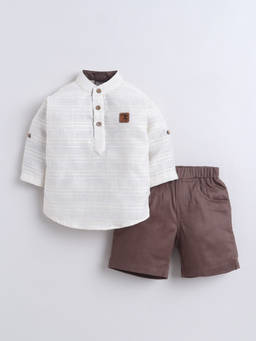 Little Kangaroos - Boys Beige Stripes Cotton Blend Shirt with Short