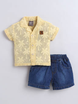Little Kangaroos - Boys Mustard Printed Cotton Blend Shirt with Short
