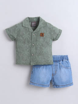 Little Kangaroos - Boys Olive Printed Cotton Blend Shirt with Short