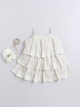 Little Kangaroos - Girls Beige Textured Cotton Blend Top with Bag