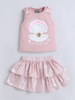 Little Kangaroos - Girls Pink Printed Cotton Blend Top with Skirt