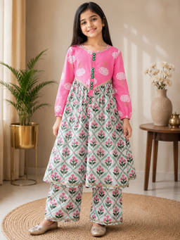PSPeaches - Girls Multi-Color Floral Cambric Anarkali Kurta with Pant