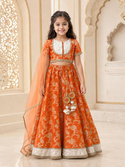 PSPeaches - Girls Orange Embroidered Brocade Lehenga and Choli with Dupatta