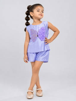 Little Surprise Box - Girls Purple Embroidered Cotton Top with Short