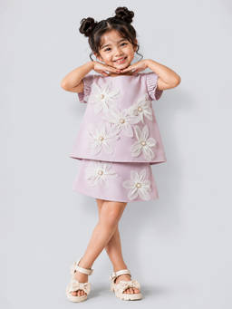 Little Surprise Box - Girls Peach Embroidered Cotton Top with Skirt