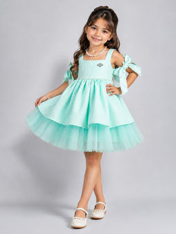 Little Surprise Box - Girls Green Textured Polyester Frock